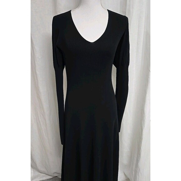 REBECCA TAYLOR Ribbed Knit V-Neck Puff Sleeves Midi Dress Stretch Black Size S - Picture 4 of 13